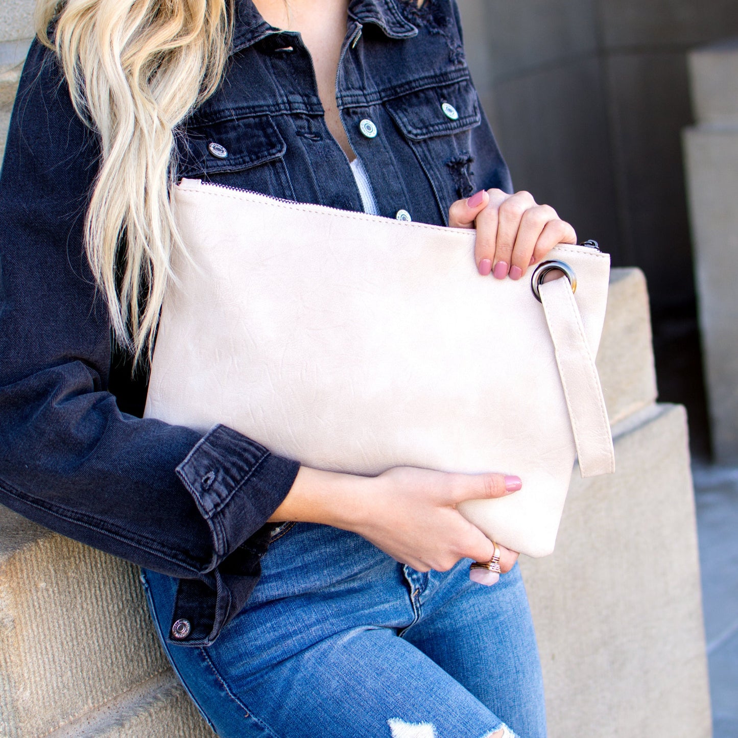 Soft Vegan PU Leather 100% Polyester Lined Grommet Detail Oversized Wristlet Clutch | 12" x 8"