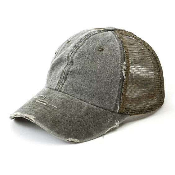 Distressed Cotton Twill Mesh Nylon Messy Bun Ponytail Ball Cap | One Size