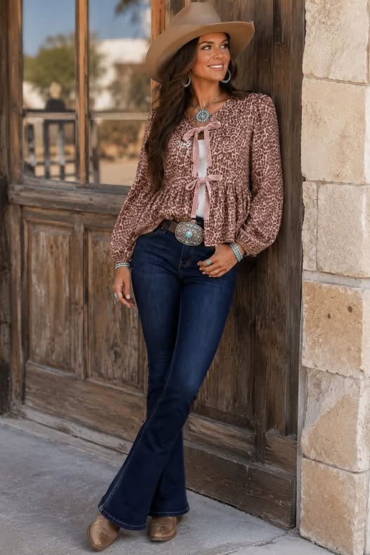 Pine Apparel Women's Brushed Twill Pink Leopard Bow Tie Front Blouse | 70% Chenille 25% Polyester 5% Spandex | Sizes S-XL