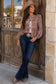 Pine Apparel Women's Brushed Twill Pink Leopard Bow Tie Front Blouse | 70% Chenille 25% Polyester 5% Spandex | Sizes S-XL