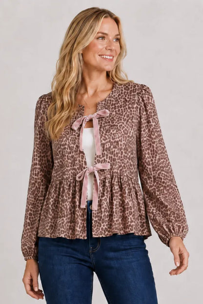 Pine Apparel Women's Brushed Twill Pink Leopard Bow Tie Front Blouse | 70% Chenille 25% Polyester 5% Spandex | Sizes S-XL