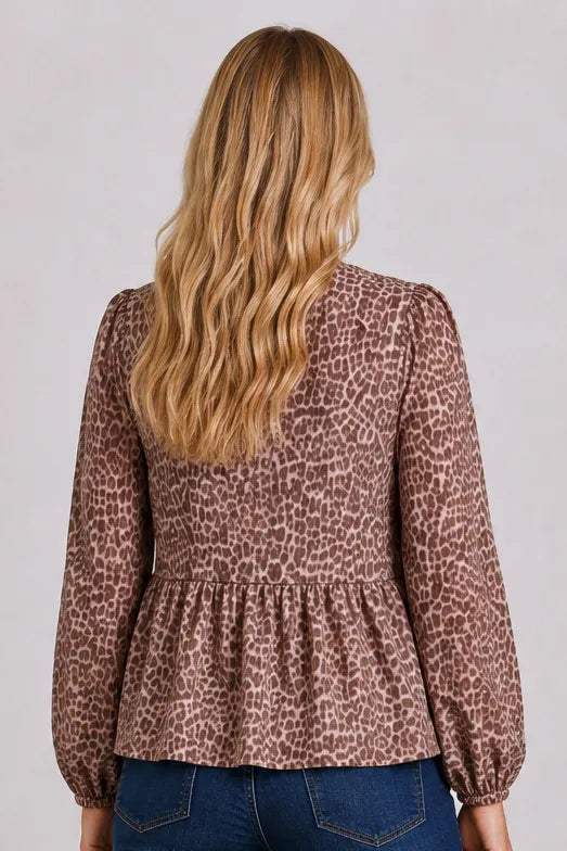 Pine Apparel Women's Brushed Twill Pink Leopard Bow Tie Front Blouse | 70% Chenille 25% Polyester 5% Spandex | Sizes S-XL