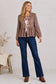 Pine Apparel Women's Brushed Twill Pink Leopard Bow Tie Front Blouse | 70% Chenille 25% Polyester 5% Spandex | Sizes S-XL