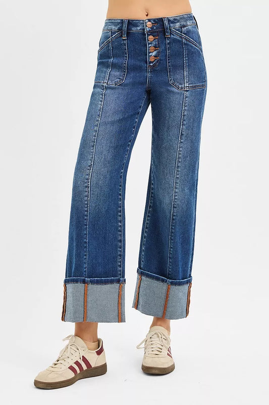 RISEN Full Size High Rise Crop Wide Straight Cuffed Jeans Plus Size Cotton Polyester Spandex Size 0-3X