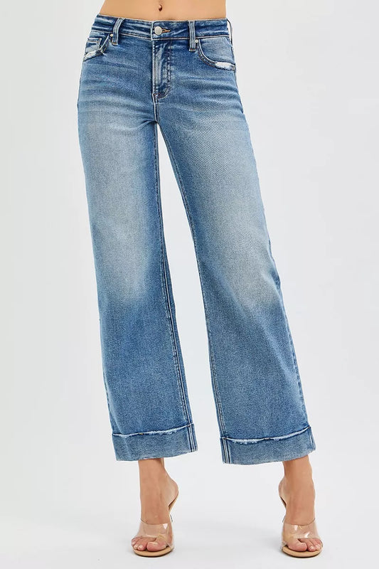 RISEN Full Size Mid Rise Crop Straight Jeans with Taylor Cuffed Plus Size Cotton Polyester Spandex S