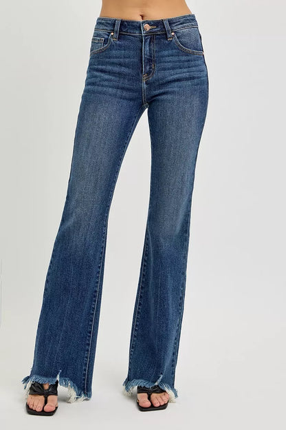 RISEN Full Size Mid Rise Flare Frayed Hem Jeans Plus Size Cotton Lyocell Polyester Spandex Sizes 0-3XL