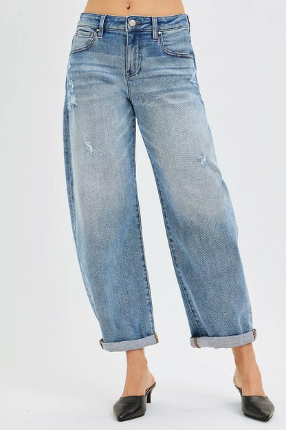RISEN Full Size Slouchy Ankle Length Barrel Jeans with Cuffs Plus Size Cotton Polyester Spandex Sizes 0-3XL