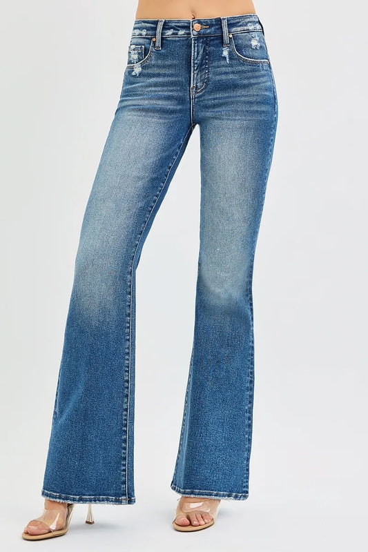 RISEN Full Size Tummy Control High Rise Flare Jeans Plus Size Cotton Polyester Spandex Sizes 0-3X