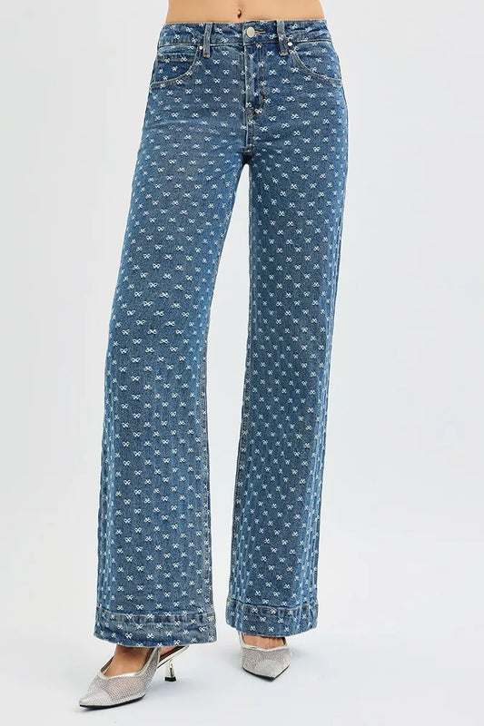 RISEN High Rise Wide Leg Bow Embroidered Jeans Cotton Polyester Rayon Spandex Sizes 0-15