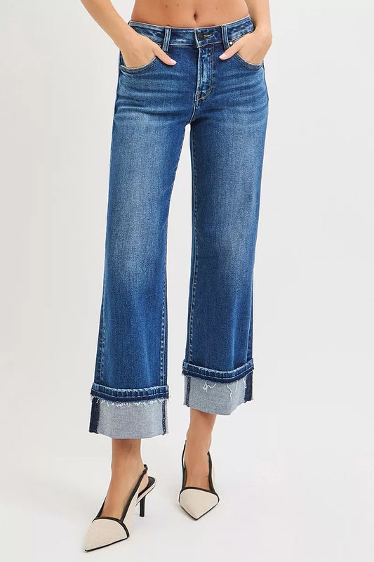 RISEN Mid Rise Ankle Straight Jeans with Cuffed Hem Cotton Polyester Spandex Sizes 0-15