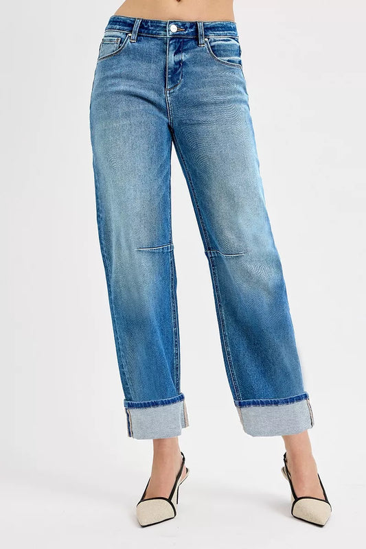 RISEN Slouchy Crop Barrel Cuffed Jeans Cotton Polyester Spandex Sizes 0-15