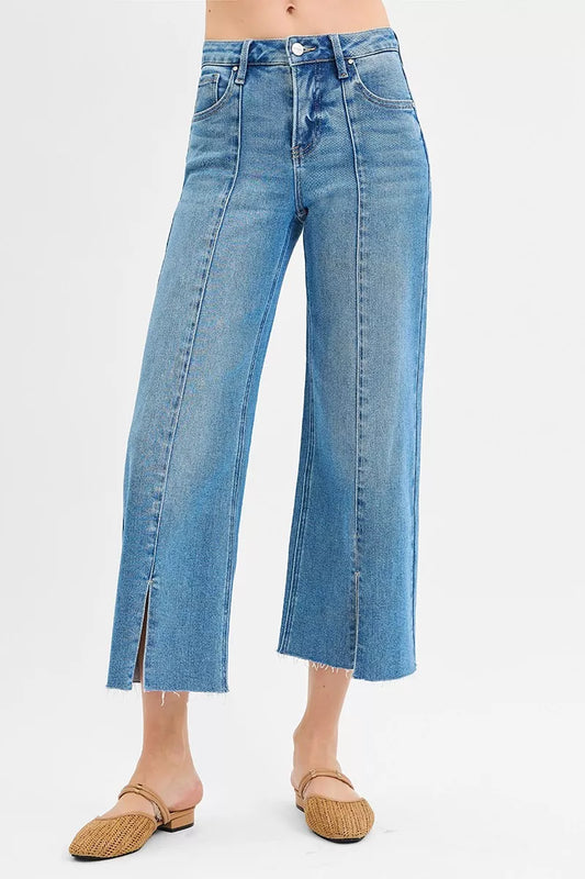 RISEN Tummy Control Mid Rise Crop Wide Front Slit Jeans Cotton Polyester Spandex Size 0-15