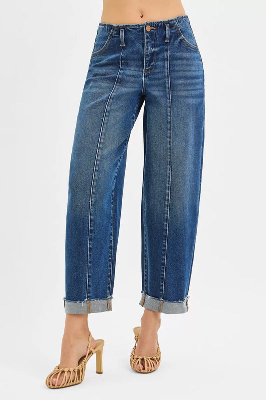 RISEN Women's High Rise Fit Barrel Cuffed Jeans Cotton Polyester Spandex Sizes 0-15