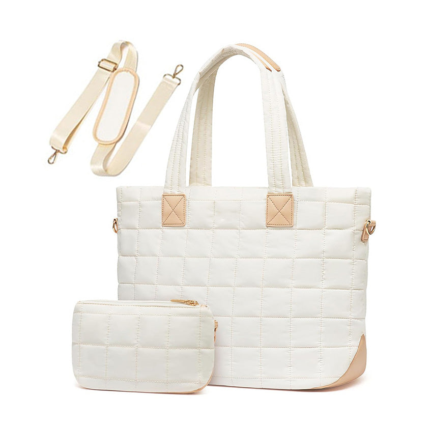 Mila Quilted Easy-Care Nylon Traveler Tote with Padded Laptop Sleeve & Mini Clutch