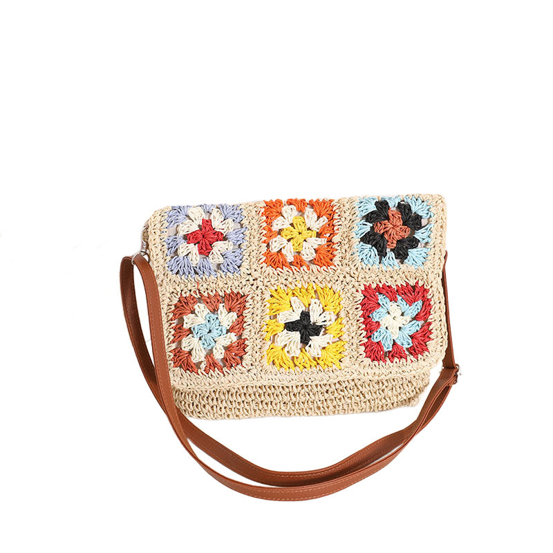 Sylvie Foldover Crochet Woven Straw Crossbody Bag with Vegan Leather Strap & Magnetic Clasp | Khaki, Straw