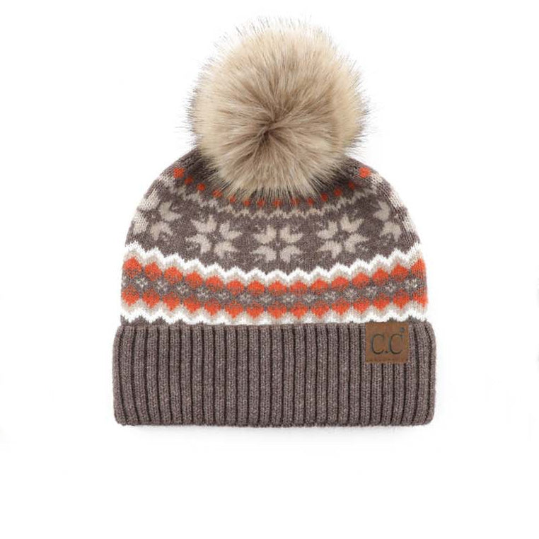 C.C® Rayon Nylon Nordic Fair Isle Faux Fur Pom Beanie Hat | One Size