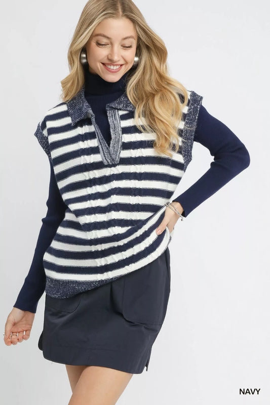 Umgee Cable Knit Collared Striped Vest Sweater Acrylic Nylon Polyester Sizes S-L
