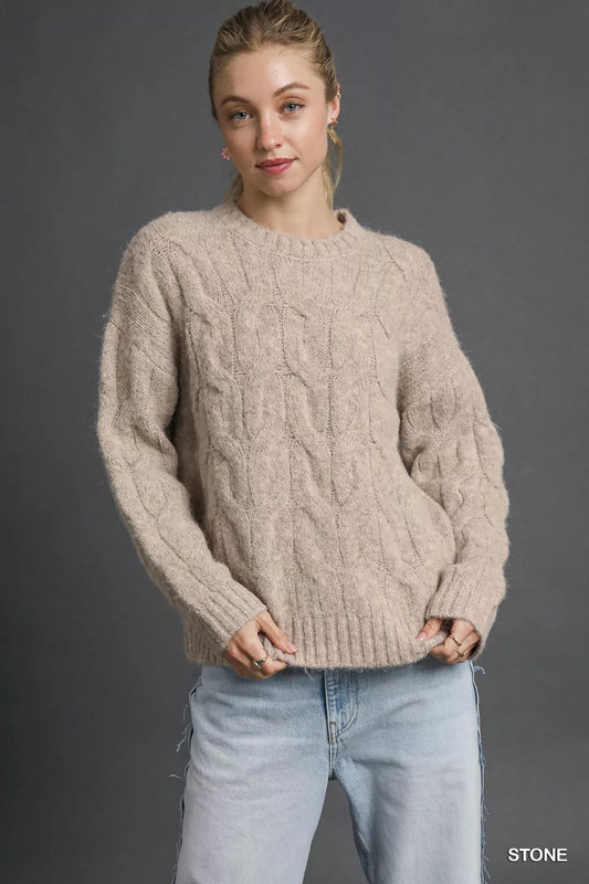 Umgee Cable Knit Cozy Sweater Polyester Recycled Polyester Acrylic Spandex Sizes S-L