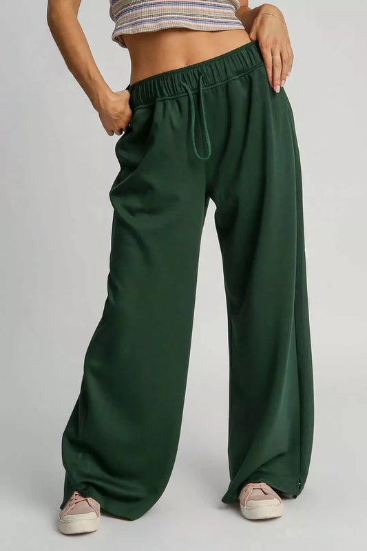 Umgee Elastic Drawstring Waistband Wide Leg Pants Rayon Polyester Spandex Sizes S-L