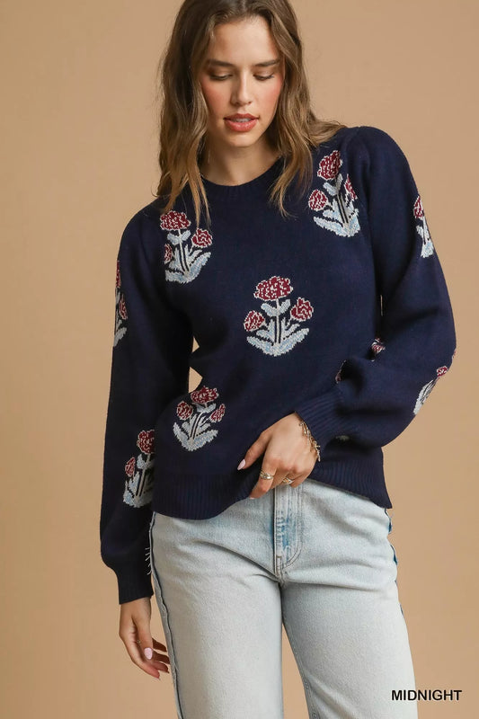 Umgee Floral Long Sleeve Knit Sweater with Puff Sleeves Viscose Polyester Nylon Sizes S-L