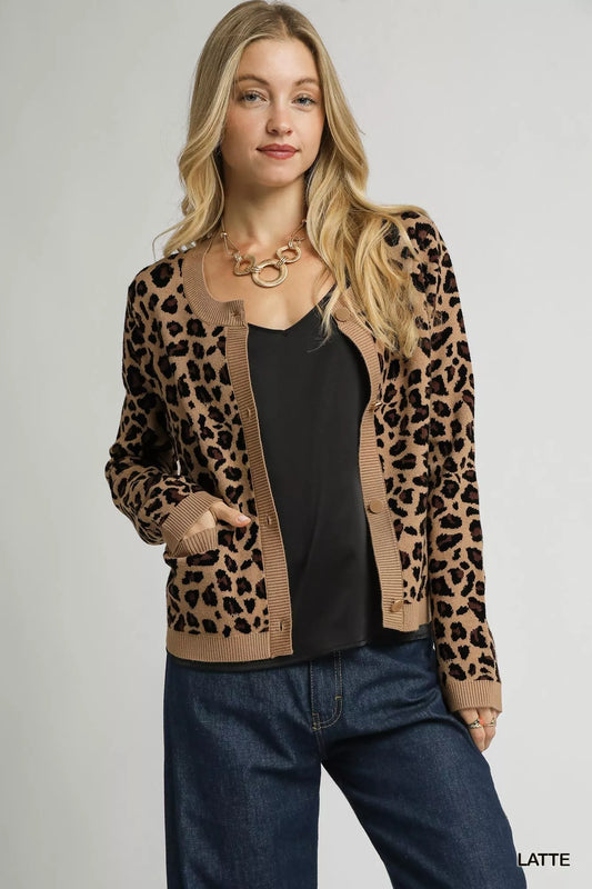 Umgee Leopard Print Button-Down Long Sleeve Cardigan Viscose Polyester Nylon Sizes S-L