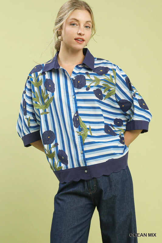 Umgee Mix Floral Stripe Button Down Top | 100% Cotton | Sizes S, M, L