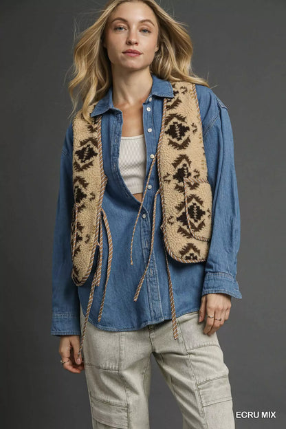 Umgee mix patterned sherpa tie-front vest in ecru mix with brown pattern