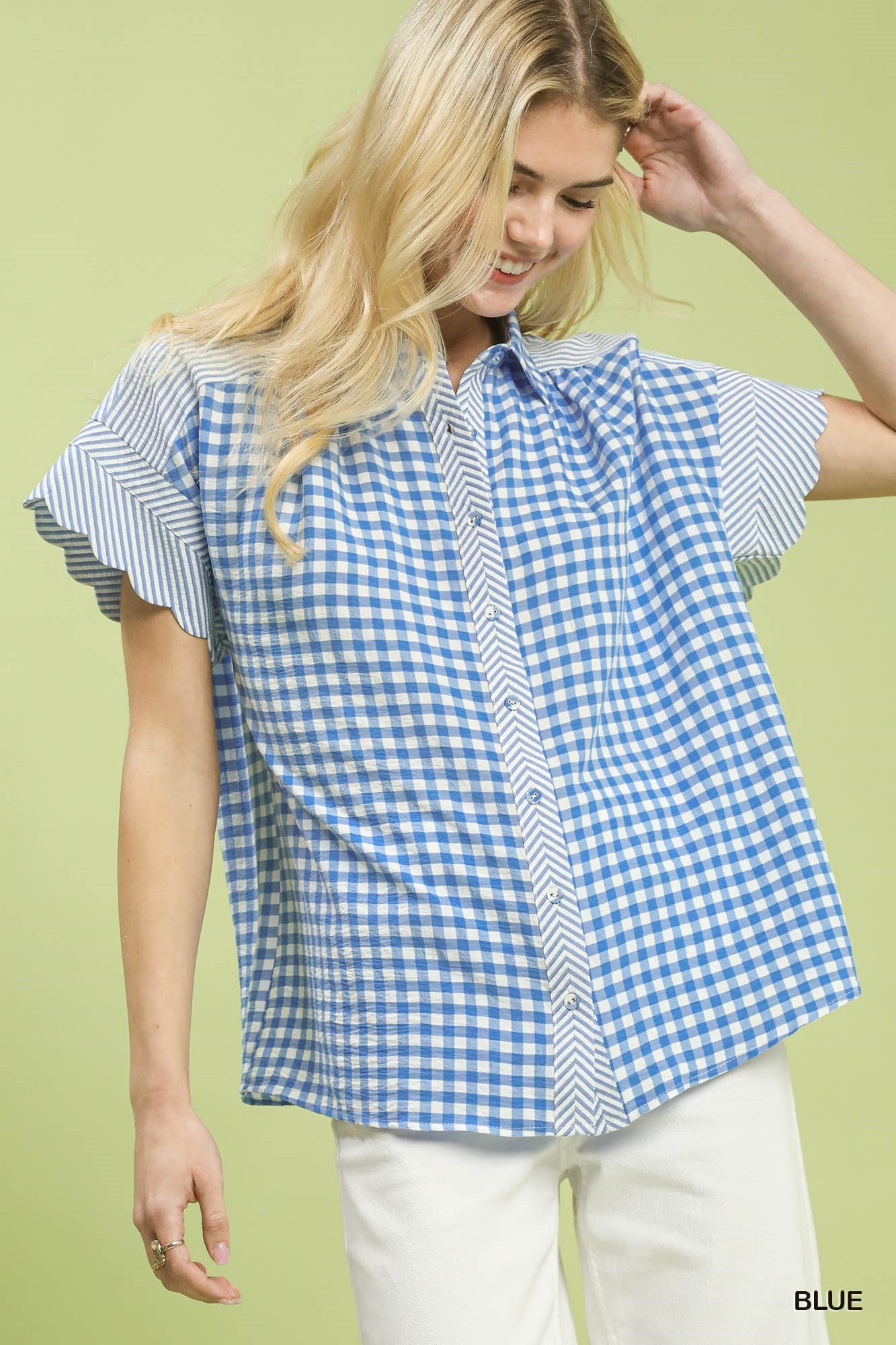 Umgee Mixed Gingham Short Sleeve Shirt | 100% Polyester | Sizes S, M, L