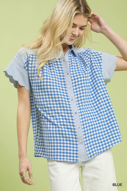 Umgee Mixed Gingham Short Sleeve Shirt | 100% Polyester | Sizes S, M, L