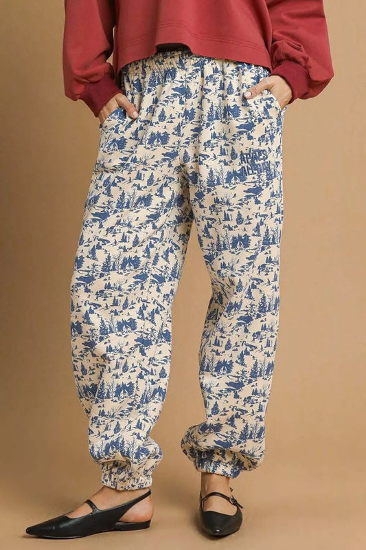 Umgee Scenic Print Casual Sweatpants Cotton Polyester Sizes XS-L