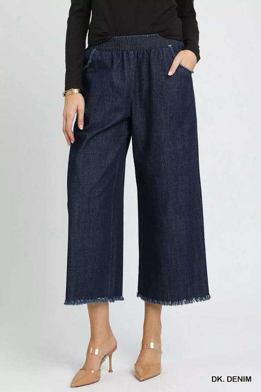 Umgee Washed Fringe Hem Wide Leg Jeans Cotton Polyester Size S-L