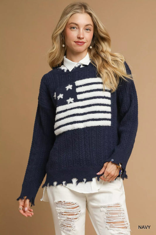 Umgee Women's  Distressed American Flag Sweater Acrylic Nylon Polyester Sizes S-L