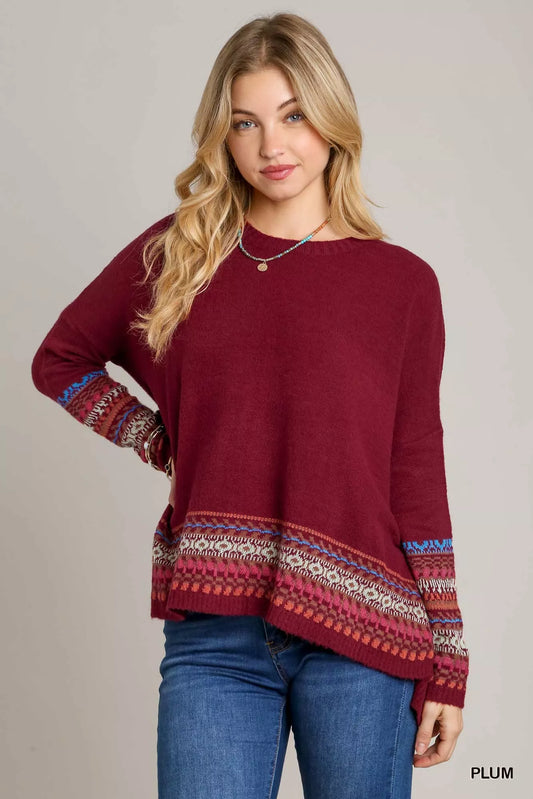 Umgee Women's Long Sleeve Round Neck Knit Top with Side Slits and Stitch Detail Acrylic Nylon Spandex Sizes S-L