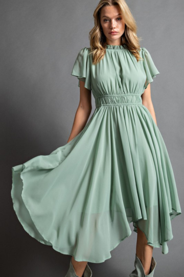 Feminine Short Sleeve Midi Chiffon Dress