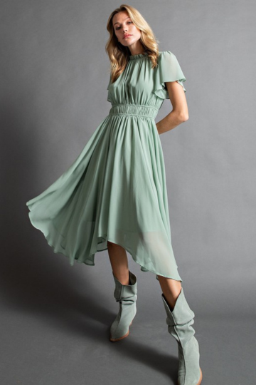 Feminine Short Sleeve Midi Chiffon Dress