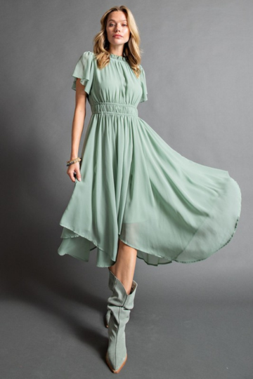 Easel Women’s Feminine Short Sleeve Midi Chiffon Dress Polyester Size S-L L / Dusty Sage