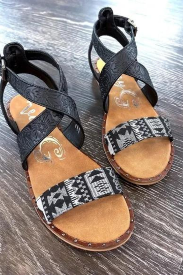 Very G Karma Bohemian Tooled Sandals - Vegan PU Leather - Black - Sizes 6-11