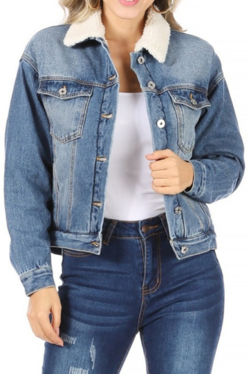 Denim Jacket with a Button Down Closure and Inside Sherpa Suede