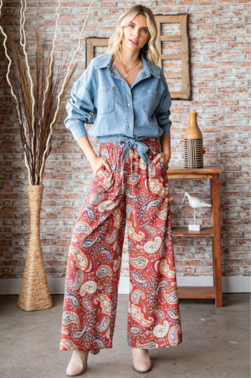 Paisley Print Straight Woven Palazzo Pants