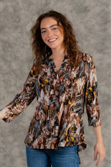 Gabby Style Long Sleeve Floral Brown Design Top
