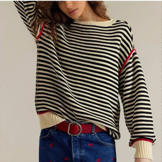 Anna Kaci Striped Boat‑Neck Long Sleeve Sweater with Red Accent Trim Acrylic Sizes S-XL