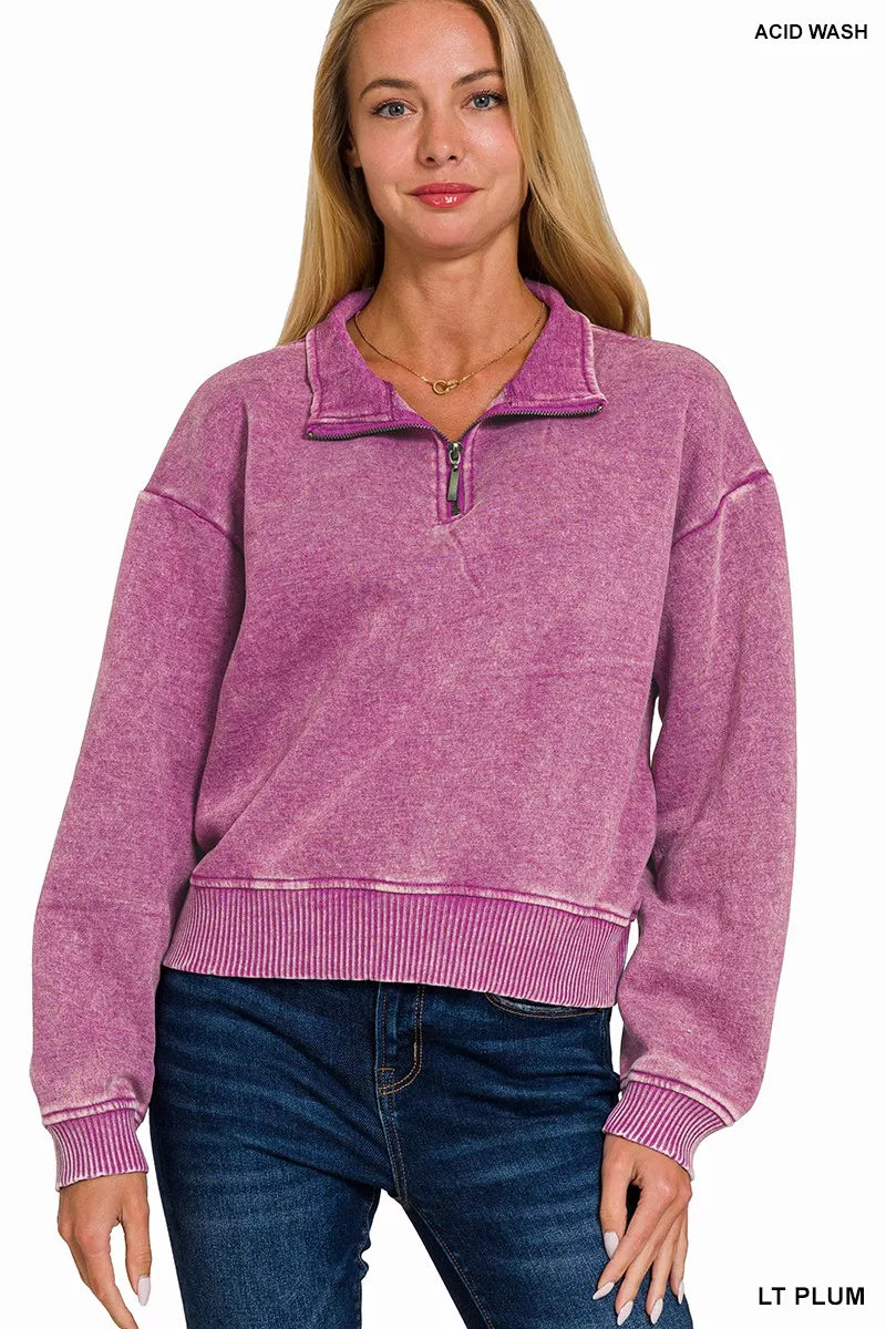 Zenana Acid Wash Fleece Half Zip Sweatshirt Cotton Polyester Size S-L