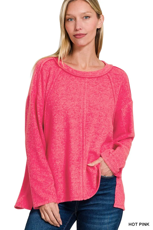 Zenana Brushed Hacci Exposed Seam Hi Low Sweater Polyester Rayon Spandes Sizes S/M L/XL