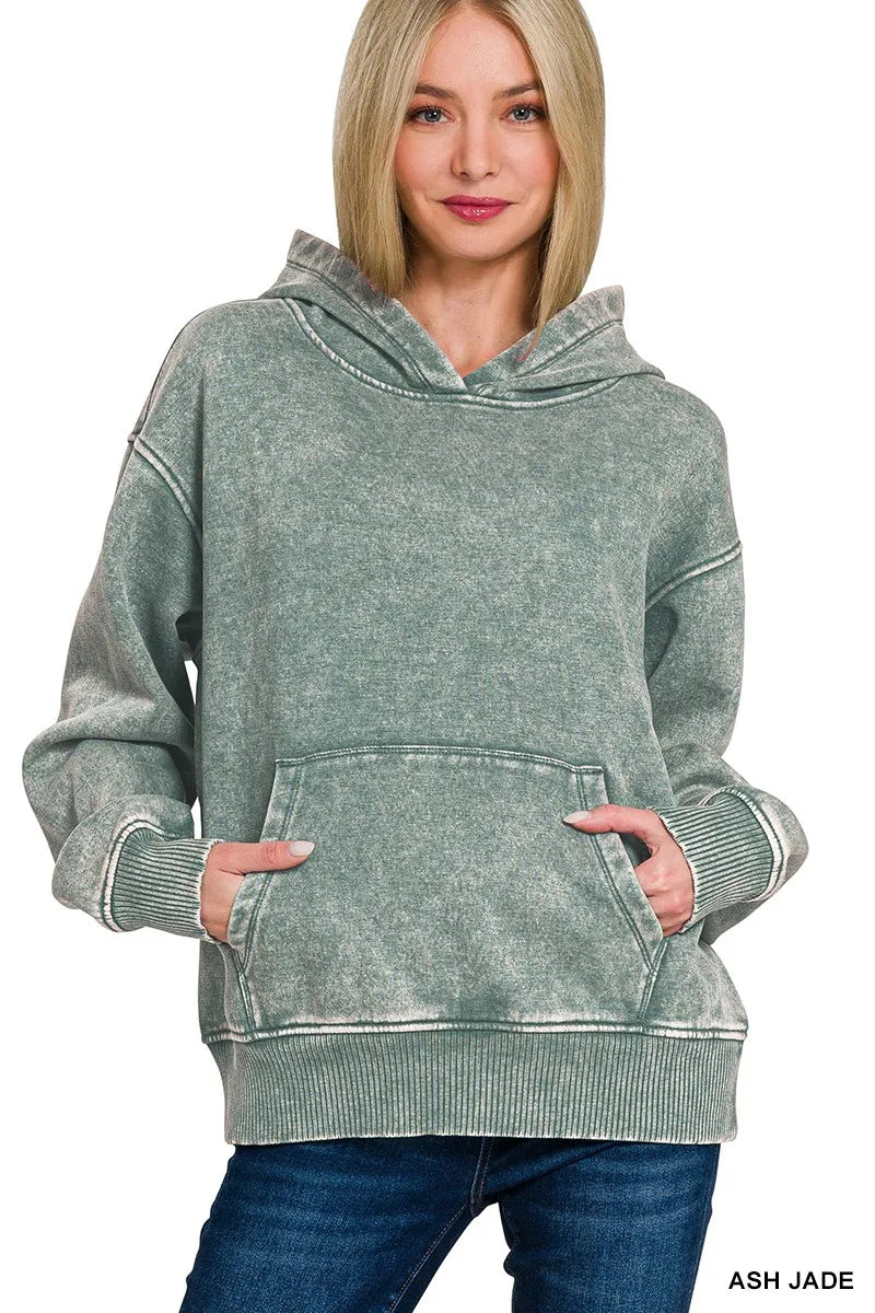 Zenana Fleece Acid Wash Kangaroo Pocket Hoodie Cotton Polyester Sizes S-L