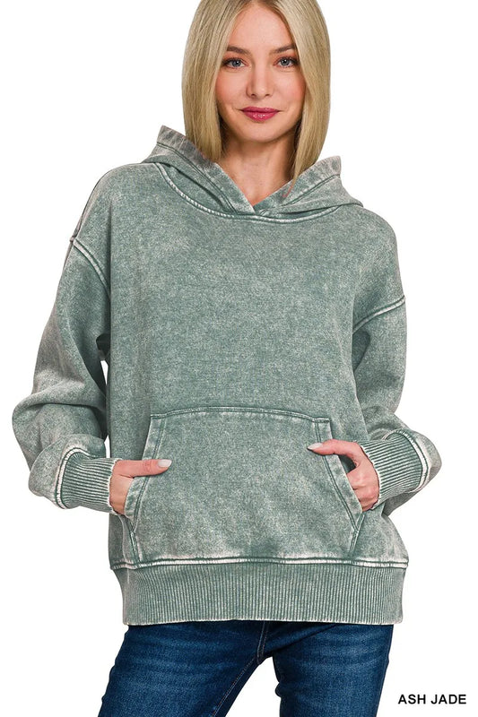 Zenana Fleece Acid Wash Kangaroo Pocket Hoodie Cotton Polyester Sizes S-L