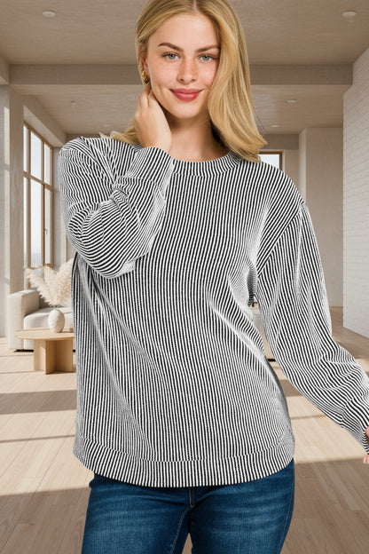 Zenana Full Size Raised Rib Round Neck Long Sleeve Top Plus Size Polyester Rayon Spandex Sizes S-3XL