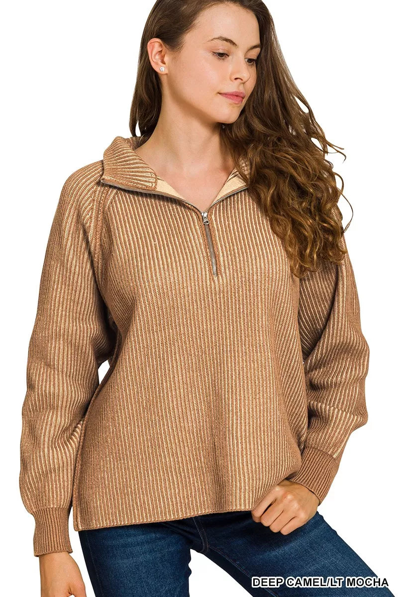 Zenana Ribbed Two Tone Half Zip Sweater Cotton Acrylic Sizes S/M L/XL