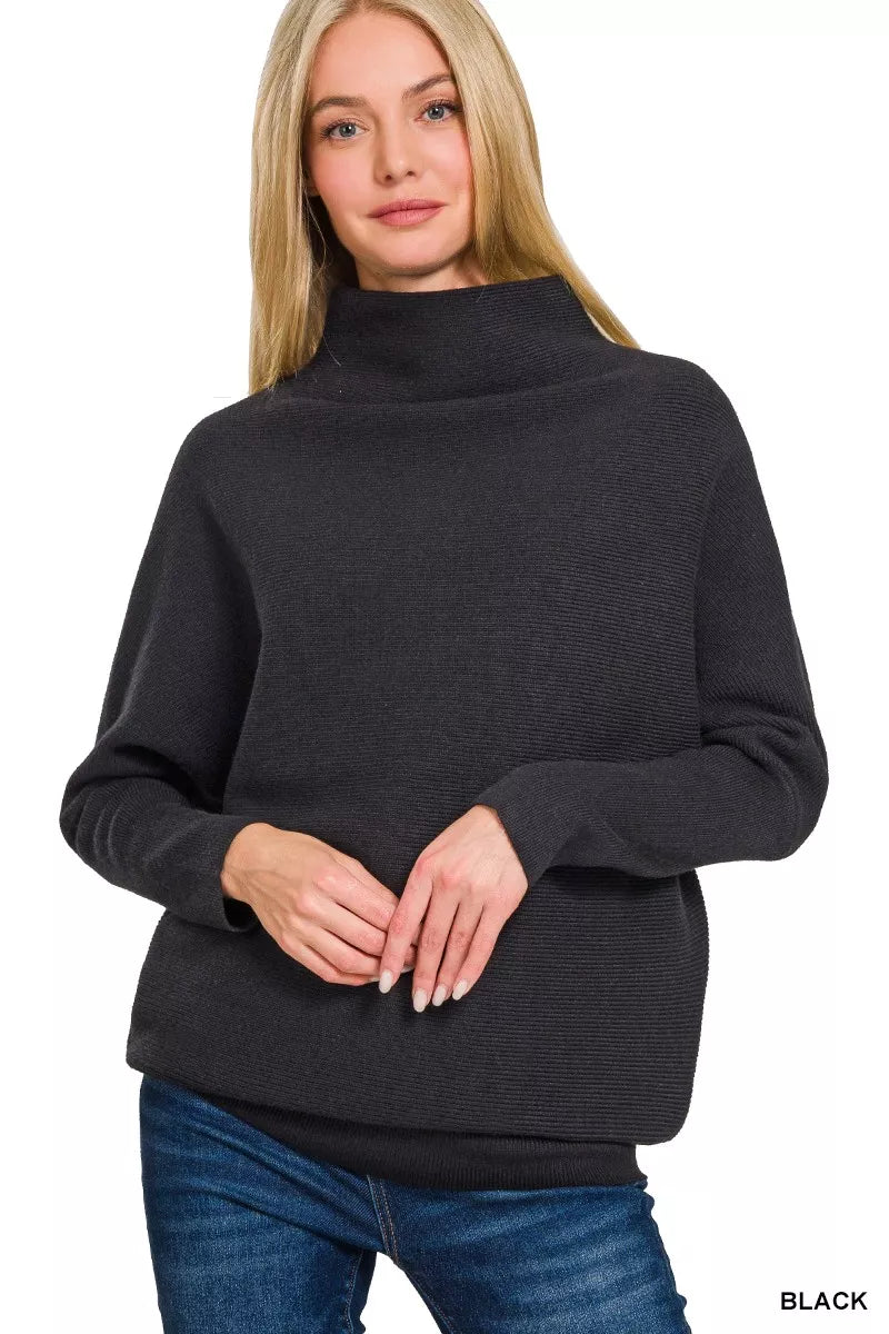 Zenana Viscose Dolman Sleeve Mock Neck Sweater Viscose Nylon Polyester Size S-L