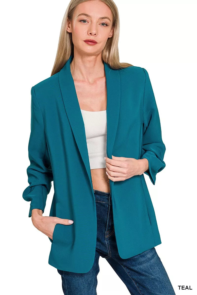 Zenana Woven 3/4 Ruched Sleeve Open Front Classic Blazer Polyester Spandex Sizes S-XL