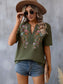 Blueberi B Women's Embroidered Notched Short Sleeve T-Shirt Polyester Elastane Size S-2XL